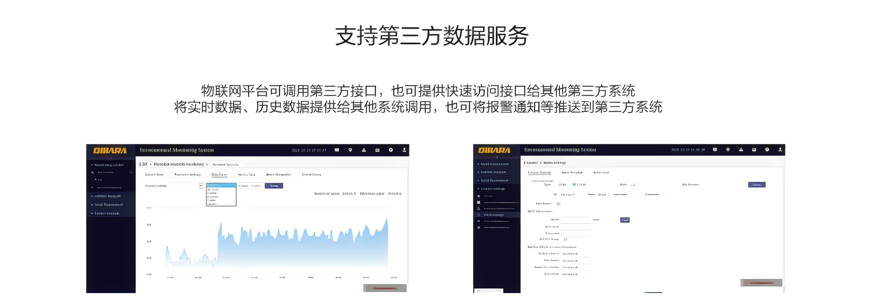 物聯網平臺可調用第三方接口，也可提供快速訪問接口給其他第三方系統，將實時數據、歷史數據提供給其他系統調用，也可將報警通知等推送到第三方系統